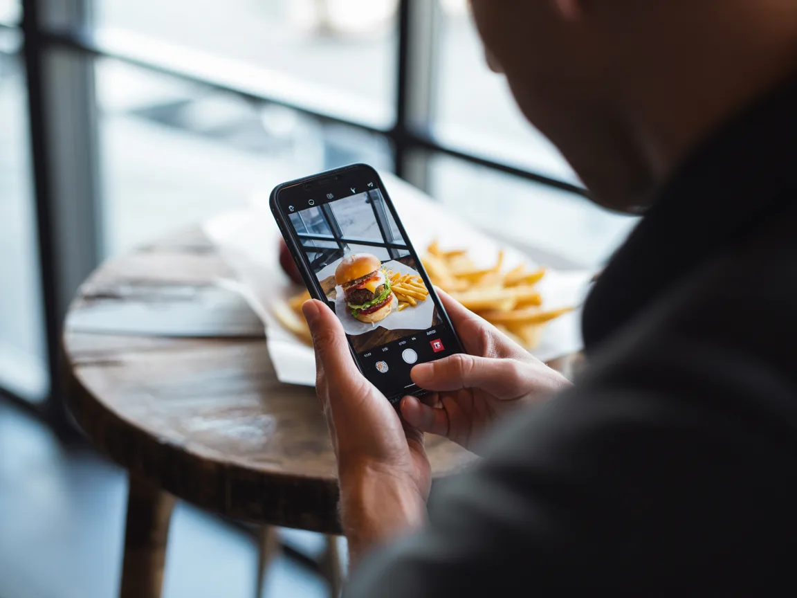 Professional food photography of gourmet burger with fries using iPhone natural lighting techniques