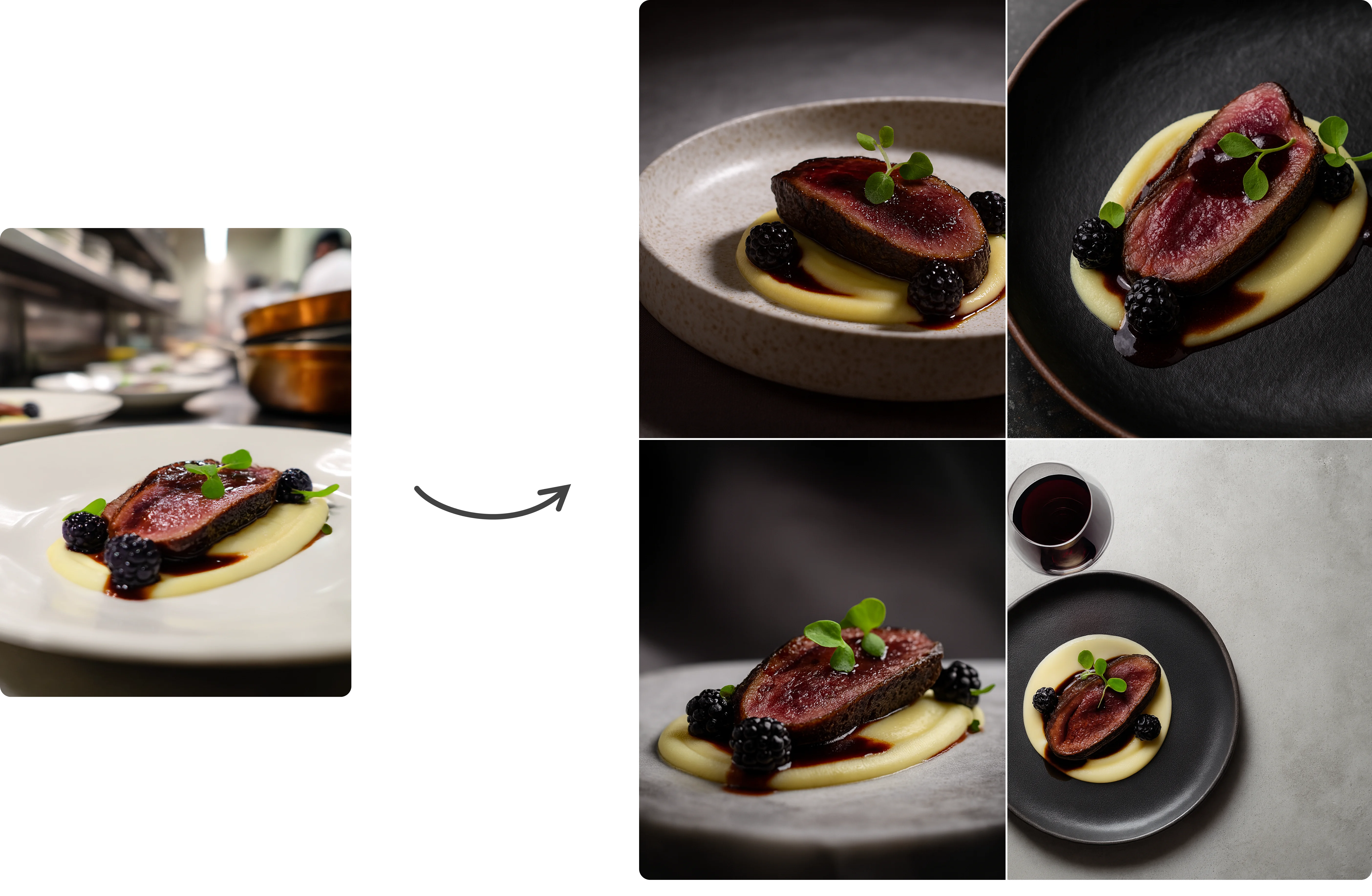 Transform your fine dining plating with AI-powered photography styles AI food photography transforming fine dining plating presentation - multiple style options
