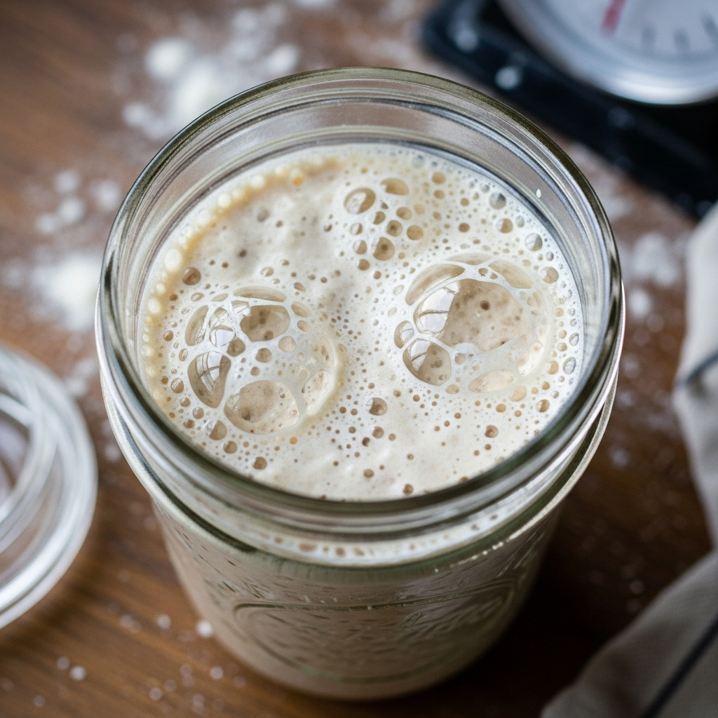 Active sourdough starter in glass jar showing fermentation bubbles