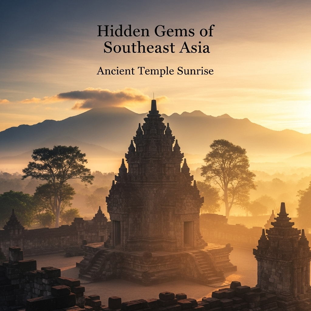 Majestic ancient temple at sunrise with misty mountains backdrop
