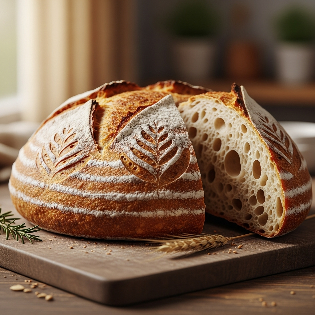 Freshly baked sourdough bread with perfect crust and scoring
