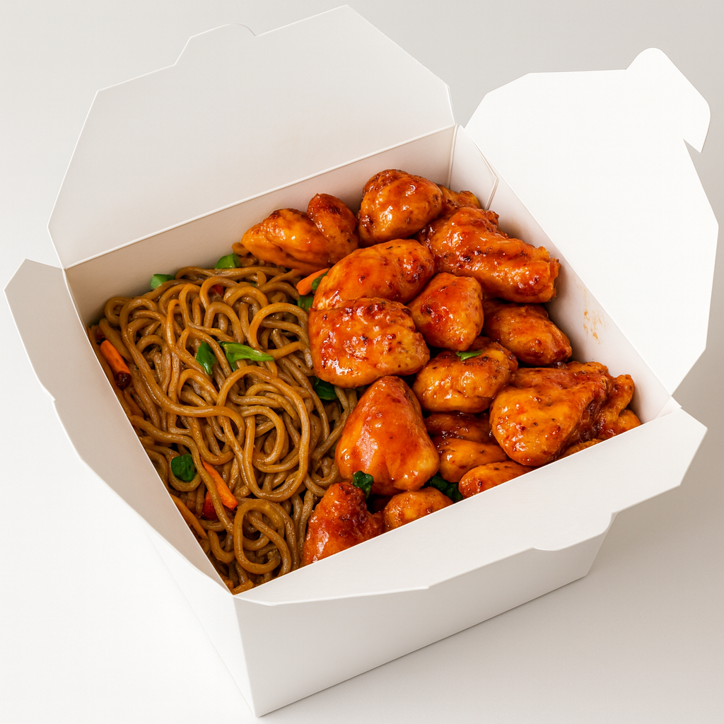 Takeout box filled with glossy golden-orange glazed chicken pieces nestled beside a portion of chow mein noodles — popular Chinese delivery menu item