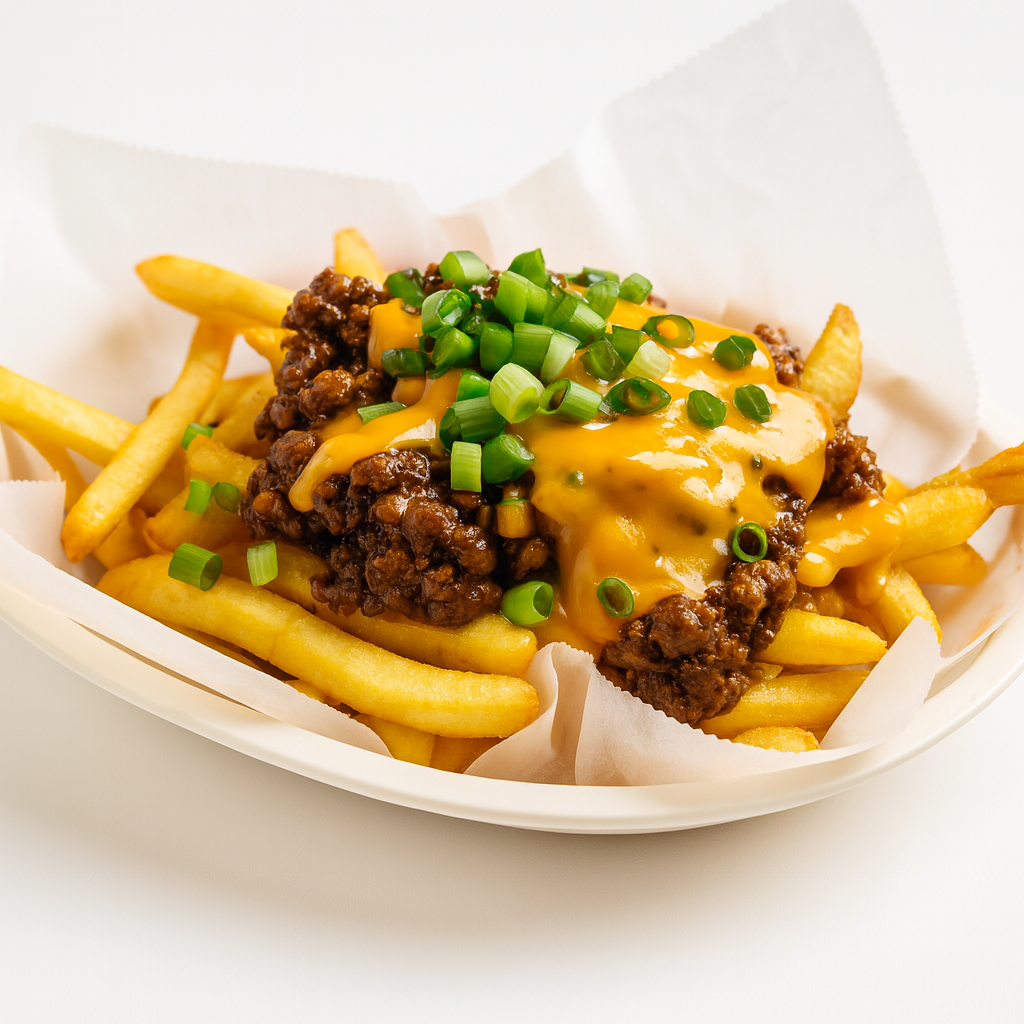 Loaded cheese fries in a takeout dish — French fries are the most ordered item on DoorDash, perfect snack-style menu photo