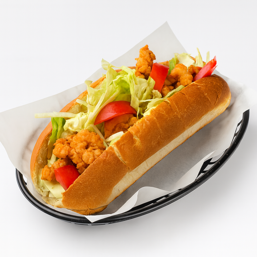 Shrimp po' boy sandwich — featured under seafood but aligns with Grubhub popular categories like burrito bowl or cheeseburger