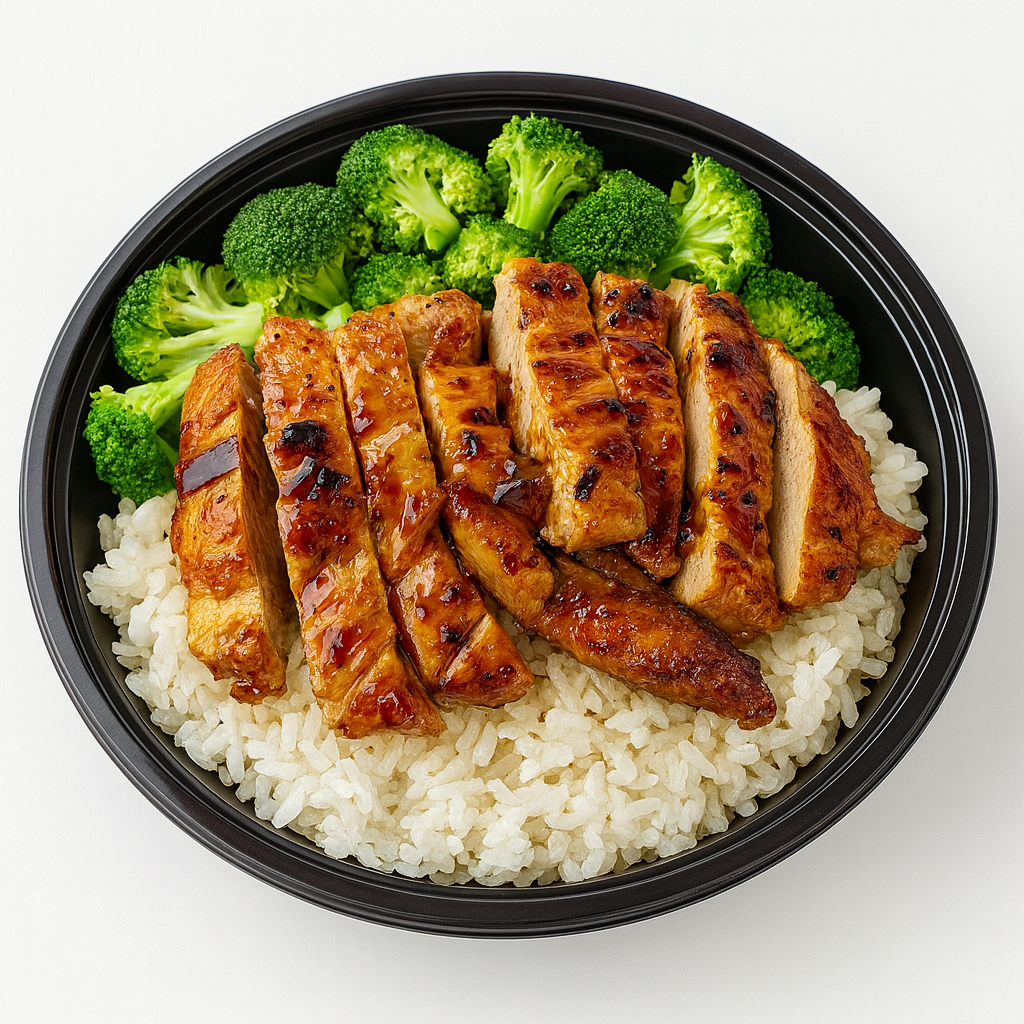 Grilled chicken breast with rice and broccoli — healthy menu item photo aligned with Grubhub/Uber Eats protein trends (chicken popular in 40% of orders)