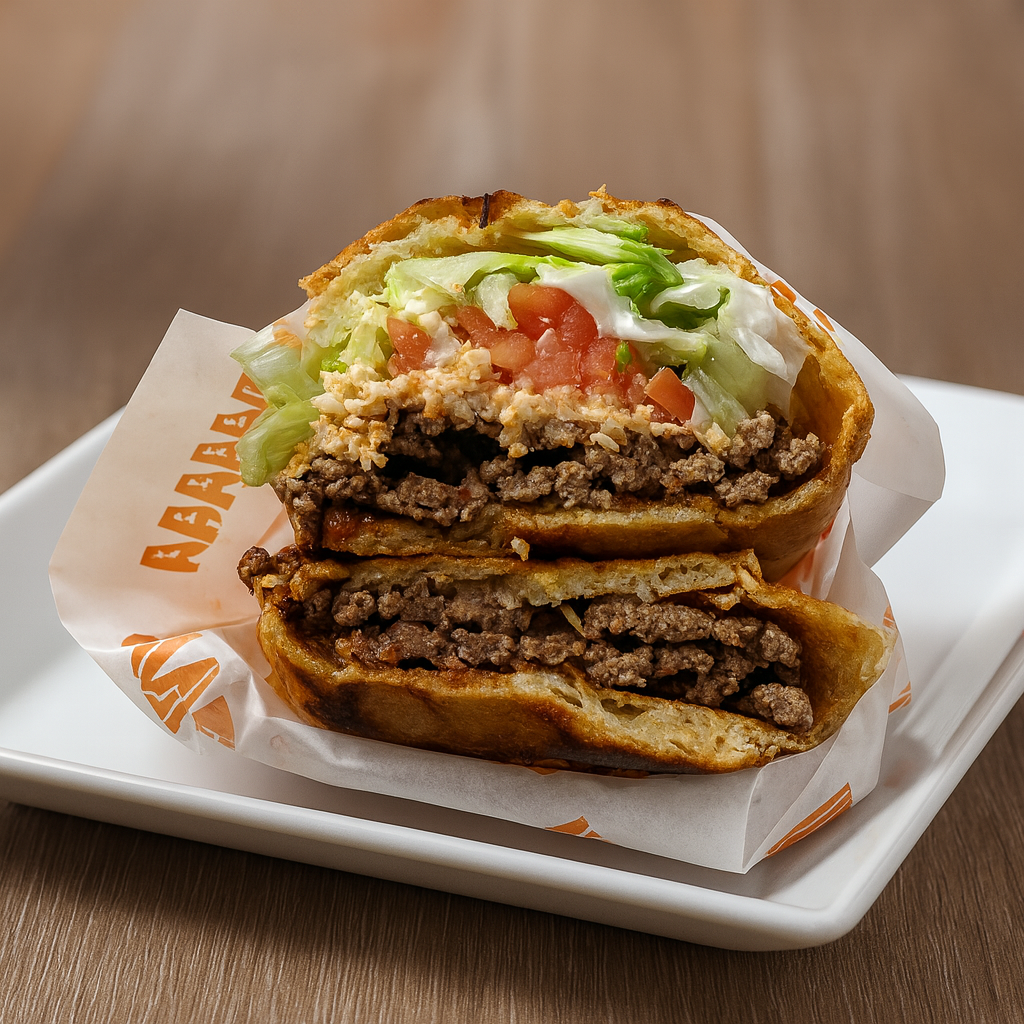 Crunchwrap Supreme with crispy tortilla filled with beef, lettuce, tomato, and cheese — popular Taco Bell style menu item for delivery apps
