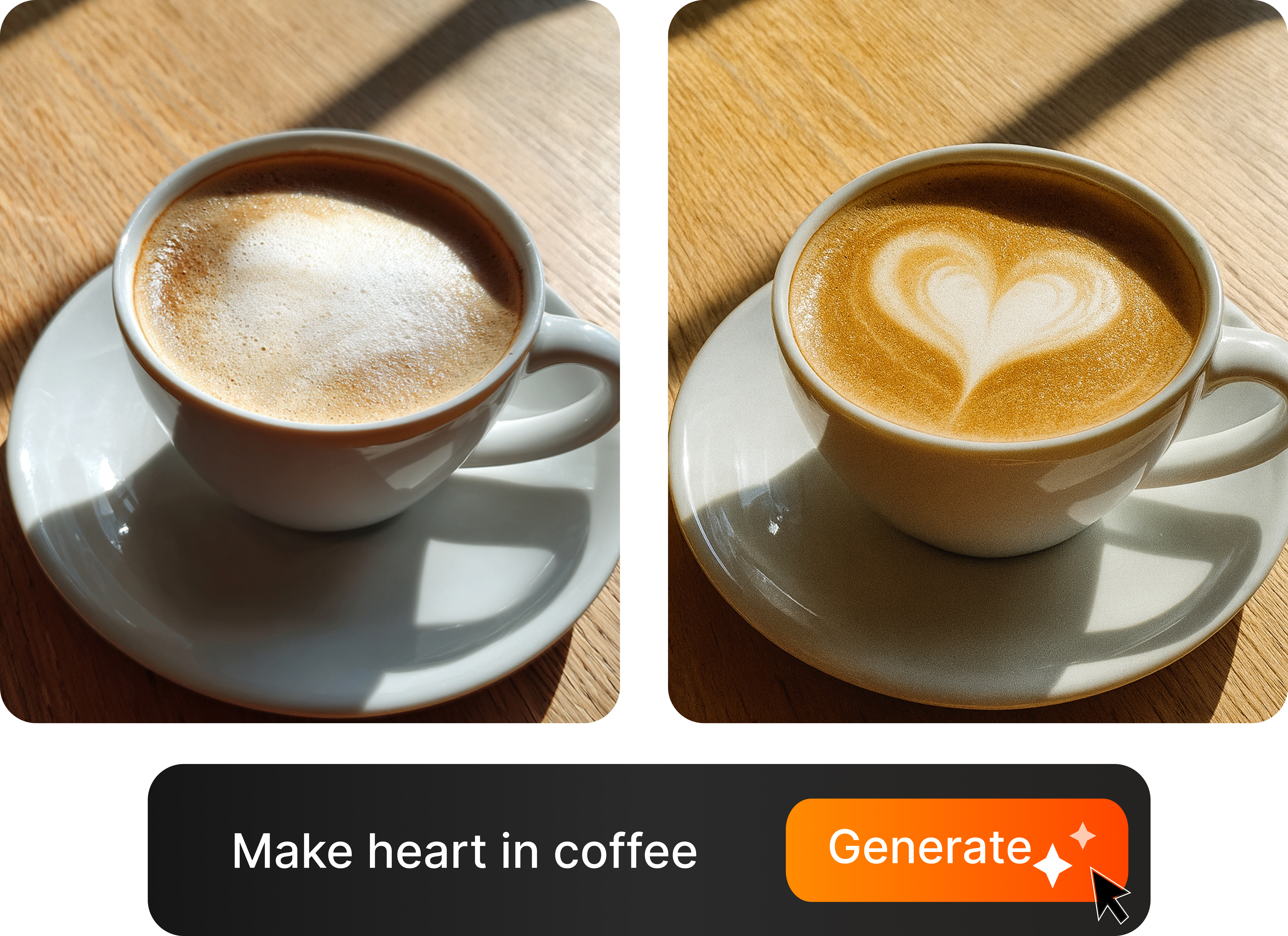 Beverage edited with 'Add foam design' command — cup, lighting and background unchanged