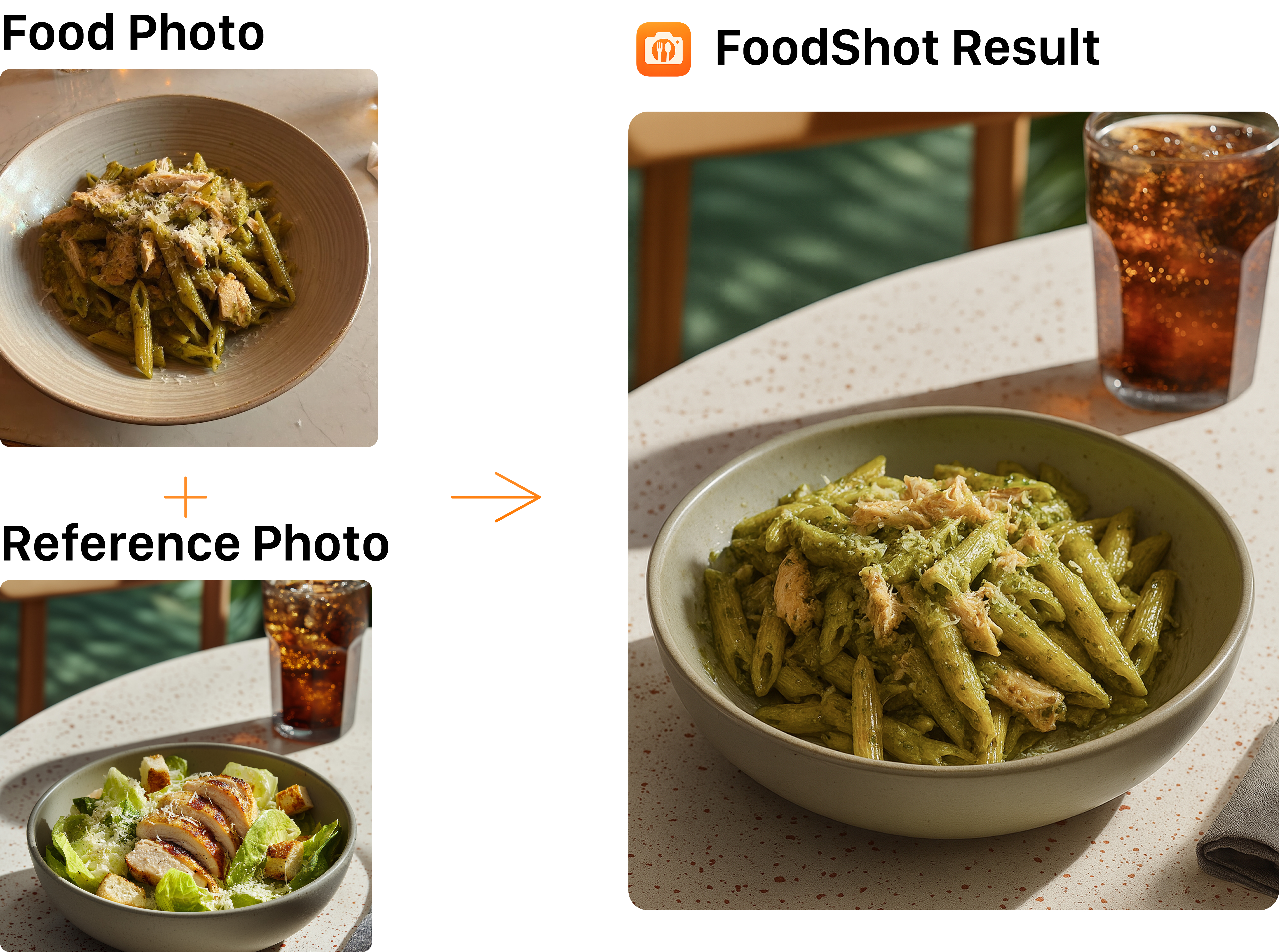 Reference placement — pesto penne dish placed into the reference scene; lighting, angle and color mood cloned
