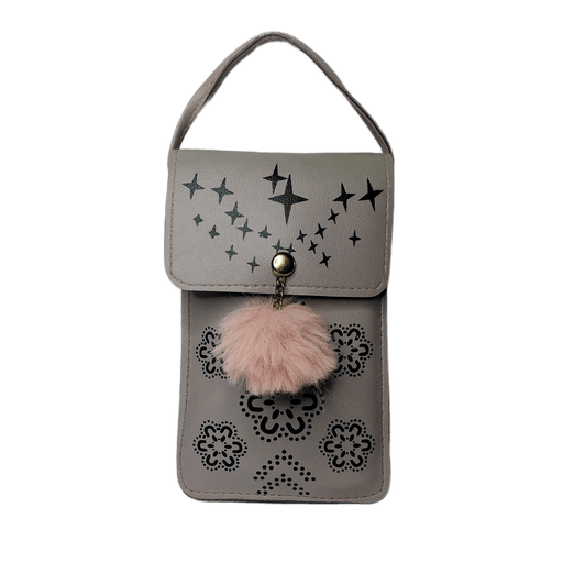 Cut-Out Mobile Sling Bag Cute Pom-Pom Crossbody Phone Purse | Grey