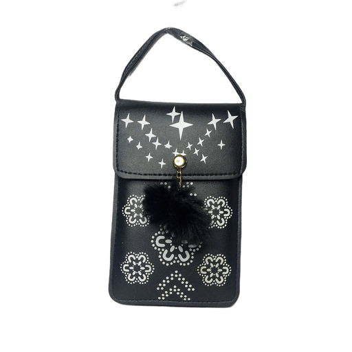Cut-Out Mobile Sling Bag Cute Pom-Pom Crossbody Phone Purse | Black