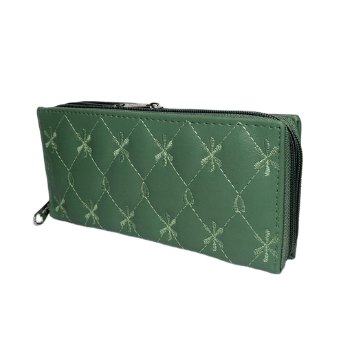 Double-Ziped Long Wallet Faux Leather Clutch for womens | Green