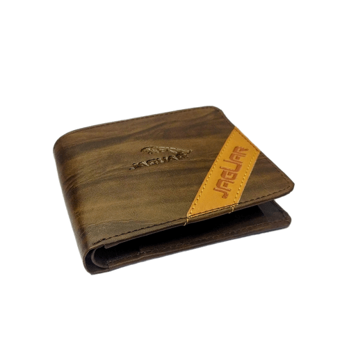 Jaguar-Inspired Woodgrain Wallet Brown Faux Leather Bifold with Orange Stripe