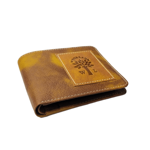 Woodland-Inspired Patched Tree Wallet Vintage Tan Faux Leather Bifold with Logo Patch & Coin Pocket