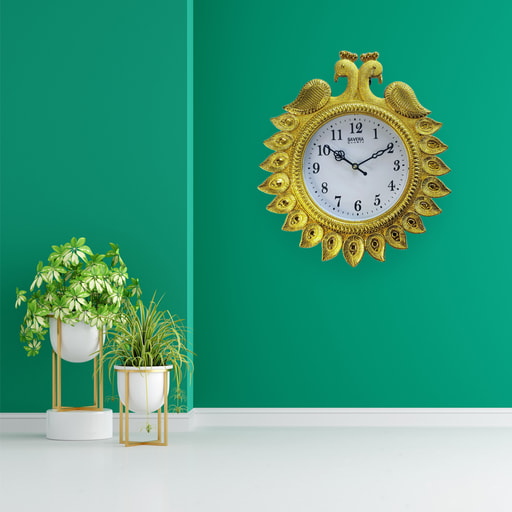 Golden Peacock Designer Wall Clock Royal Majestic Twin Bird Decorative Timepiece