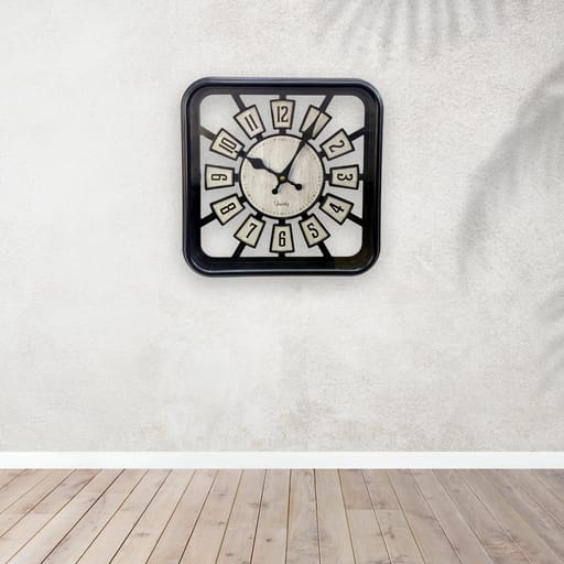 Modern Transparent Square Wall Clock Bold Numeral Black Frame Timepiece