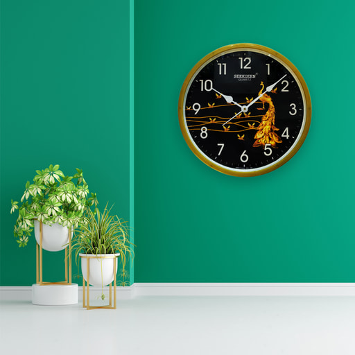 Golden Peacock Designer Dial Wall Clock Luxury Black & Gold Artistic Timepiece
