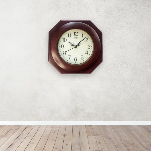 Crown Classic Octagon Wooden Wall Clock 12-Inch Rich Brown Vintage Timepiece