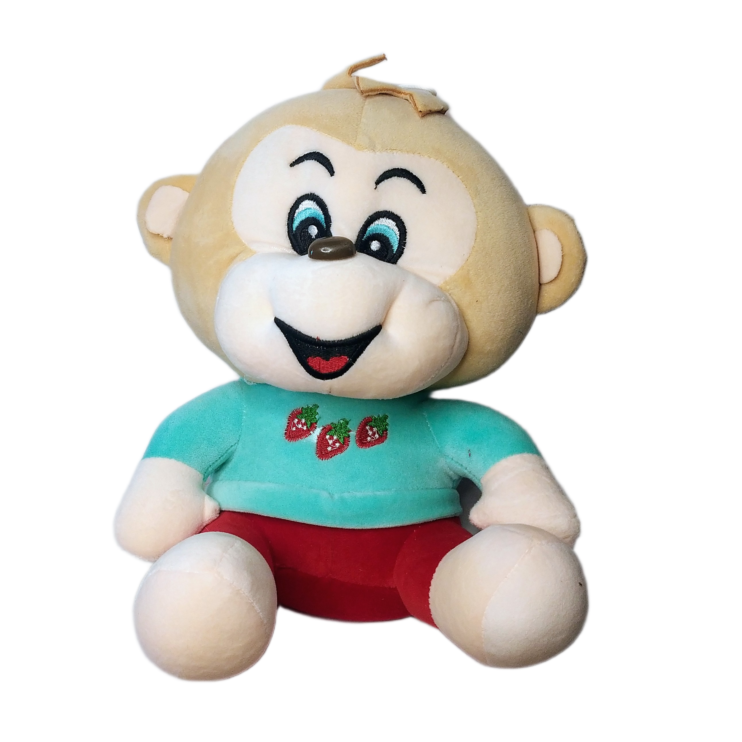 Cute Strawberry Monkey Plush Toy Smiley Soft Stuffed Animal with Teal T-Shirt