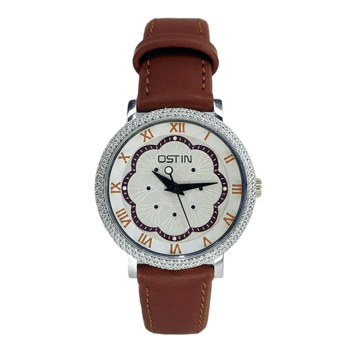 OSTIN Flower Diamond Analog Watch for Women Luxurious Floral Dial Designer Wrist Watch with Leather Strap - Brown Strap