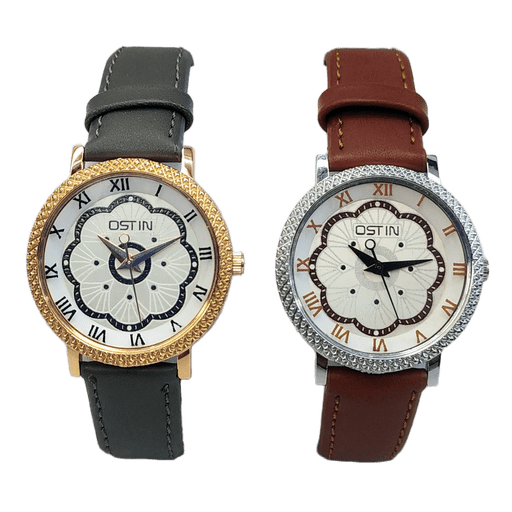 OSTIN Flower Diamond Analog Watch for Women Luxurious Floral Dial Designer Wrist Watch with Leather Strap