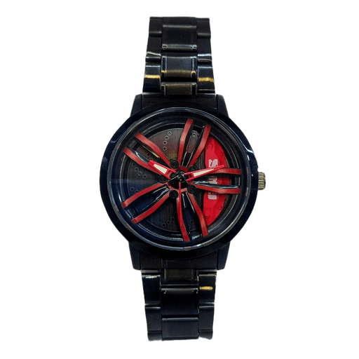 Spinning Wheel Rim Sports Watch for Men Black Red Rotating Car Wheel Alloy Design Watch with Metal Strap - Red Wheel