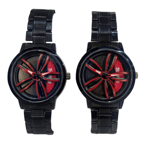 Spinning Wheel Rim Sports Watch for Men Black Red Rotating Car Wheel Alloy Design Watch with Metal Strap