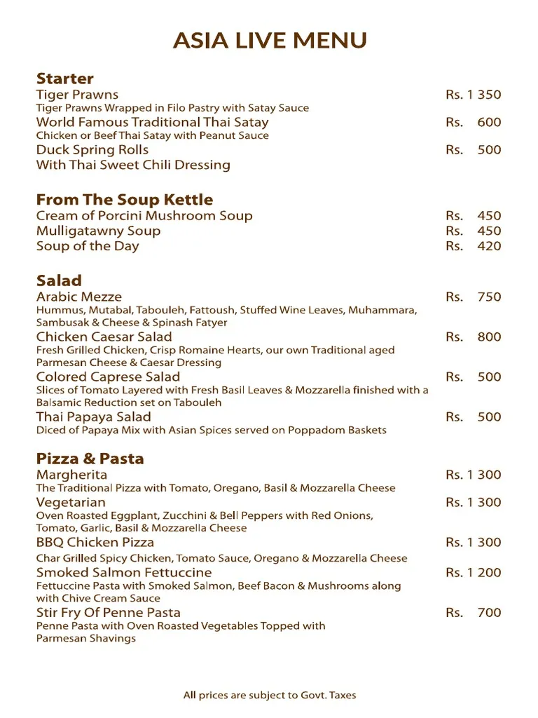 asia live avari towers karachi menu