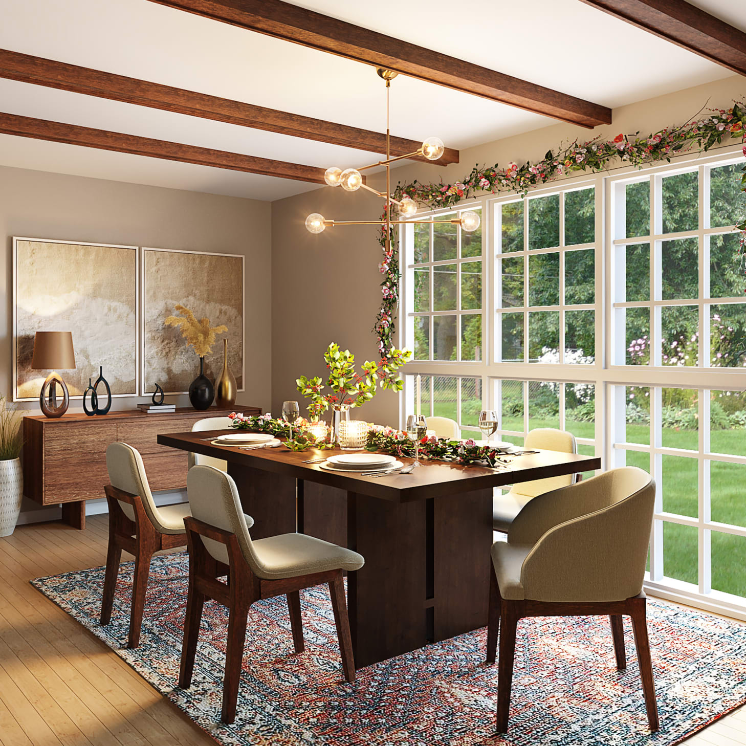 Dining room with garden view. Dark wood table, sideboard and chairs. Flower garlands around the windows.