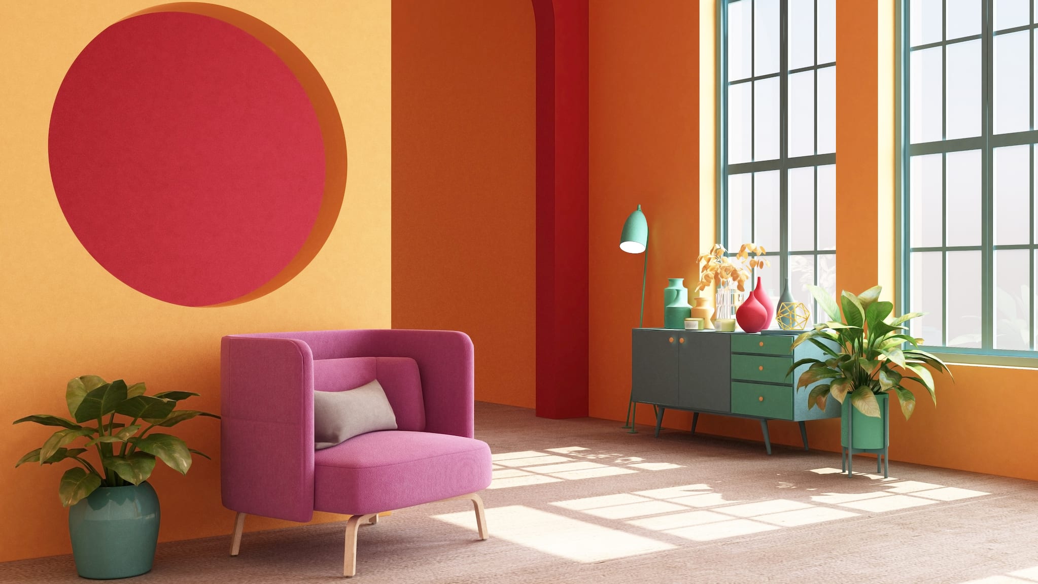 Large loft interior, orange walls, red details, pink armchair, turquoise sideboard.