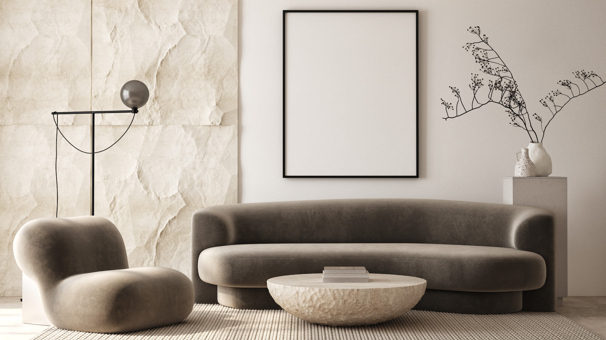 Living room with neutral colors. Velvet sofa and armchair with curvy design.