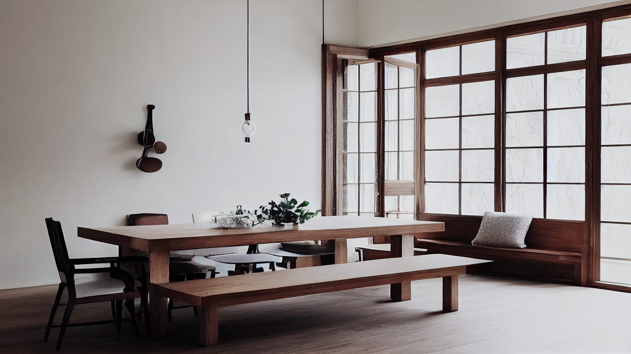 Dining room with shoji screen style windows. Long rectangular table and dark wood benches.