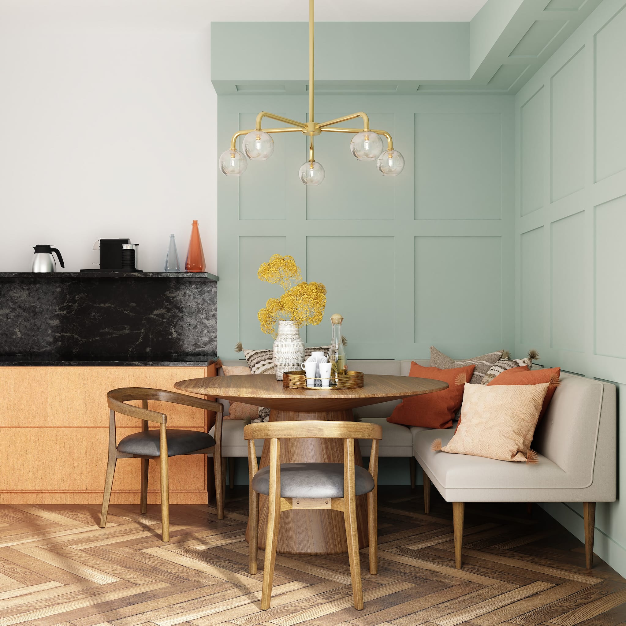 Small dining area in the corner of a room. Bench, round table, cushions and chairs with rounded backs. Vase with yellow flowers.