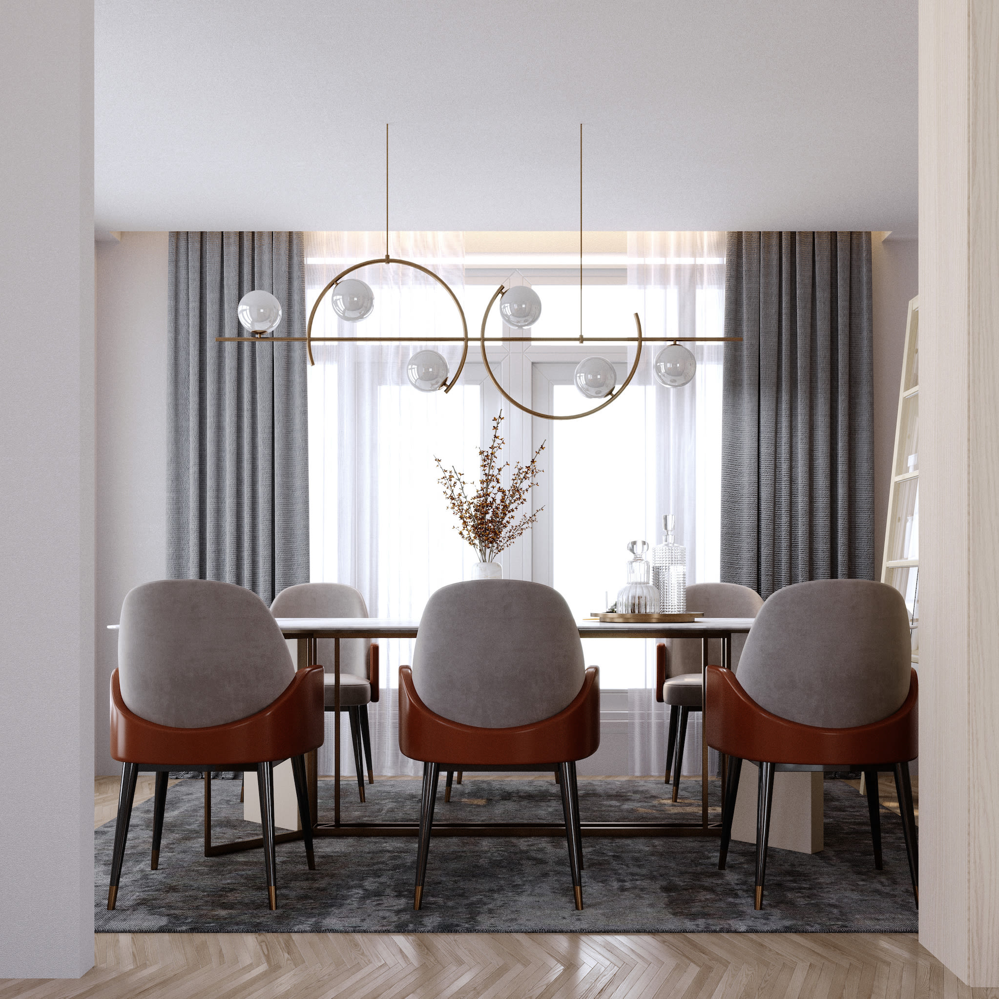 Pale gray dining room, rectangular table, velvet and mahogany chairs. Modern metal suspension light fixture and frosted glass globes.