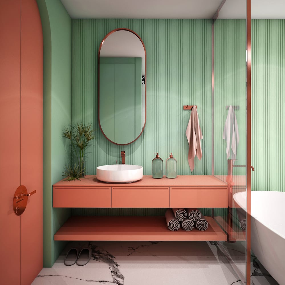 Salle de bains, mur vert aquatique, comptoir brun terracotta, lavabo vasque, baignoire blanche