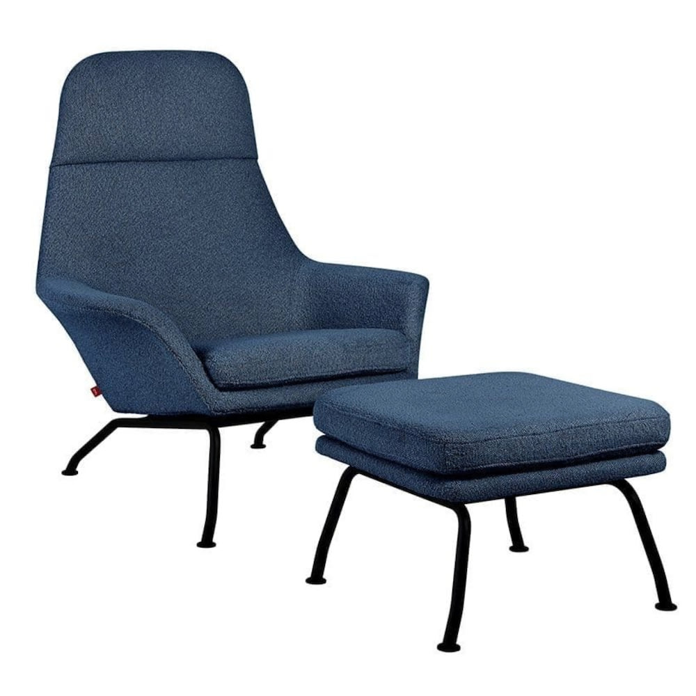 Fauteuil dossier haut, lignes courbes et ottoman assorti, laine bouclée bleu indigo