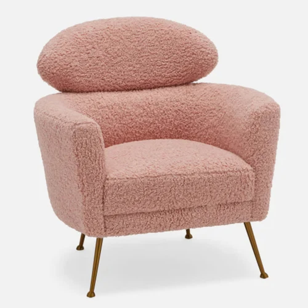 Fauteuil une place aux lignes arrondies, en laine bouclée rose