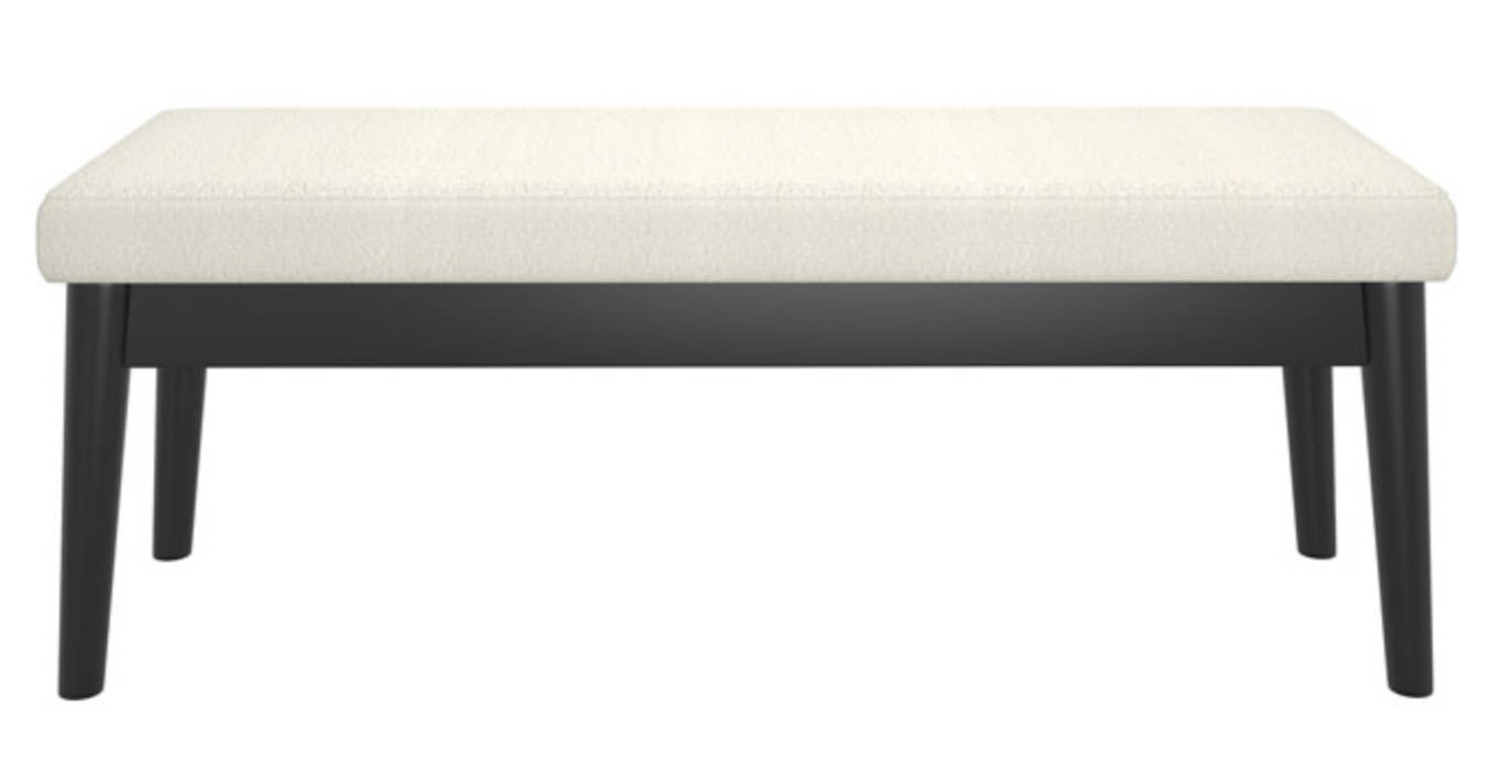 Banc rectangulaire en laine bouclée blanc ivoire, structure en bois noir