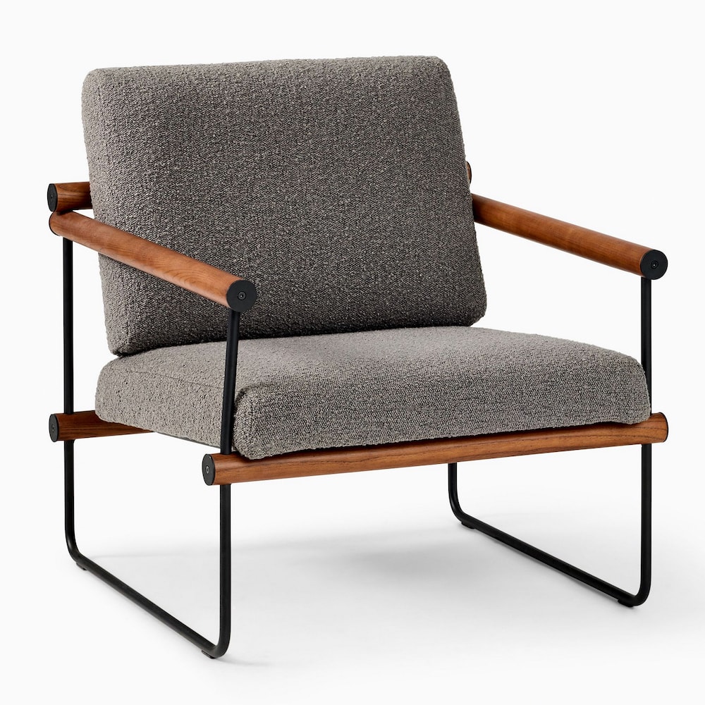 Fauteuil en laine bouclée gris anthracite, structure en tubes d'acier et de teck