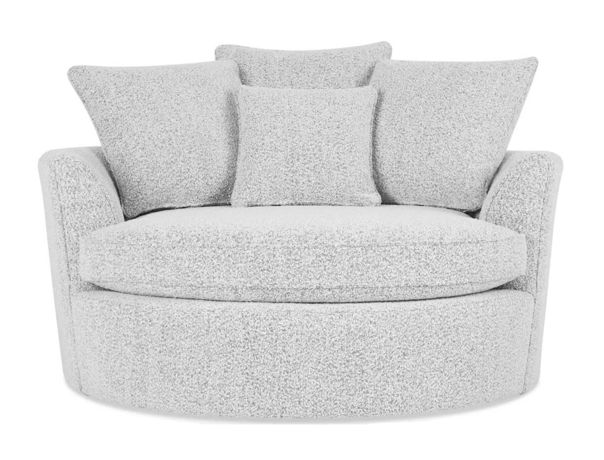 Fauteuil circulaire en laine bouclée mouchetée noir et blanc, avec quatre coussins