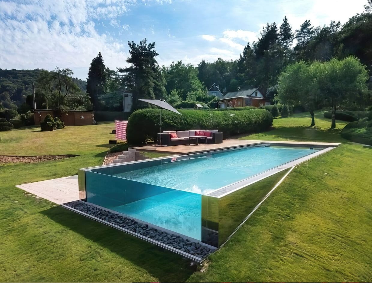 Belle piscine encastrée dans butte de gazon, une paroi de verre, décor champêtre