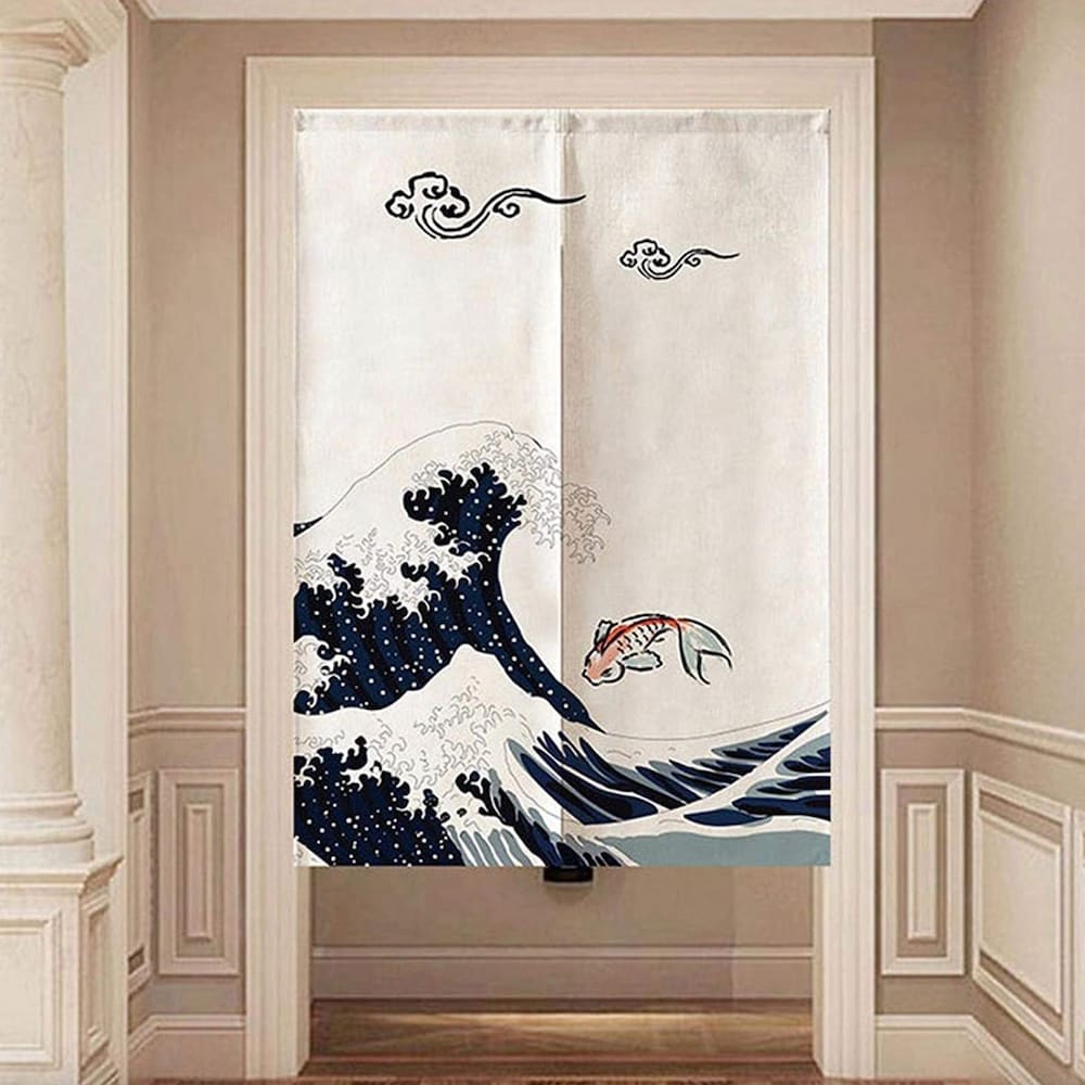 Déco voyage, rideaux courts en toile blanc crème, imprimée d'une vague et d'un poisson