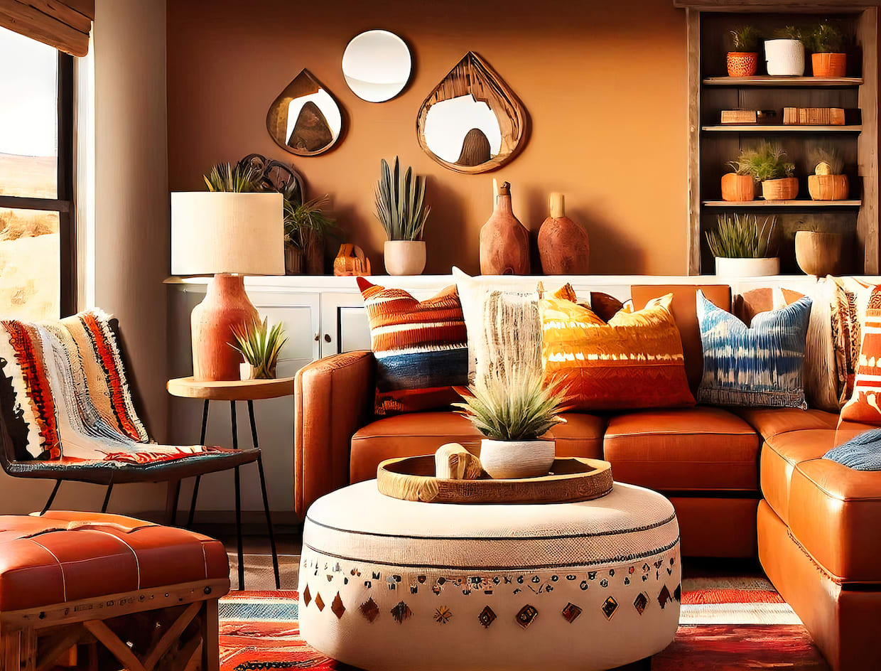 Déco voyage, salon mexicain, canapés en cuir brun cannelle, coussins imprimés, pouf tressé, étagère avec vases en terracotta, plantes grasses