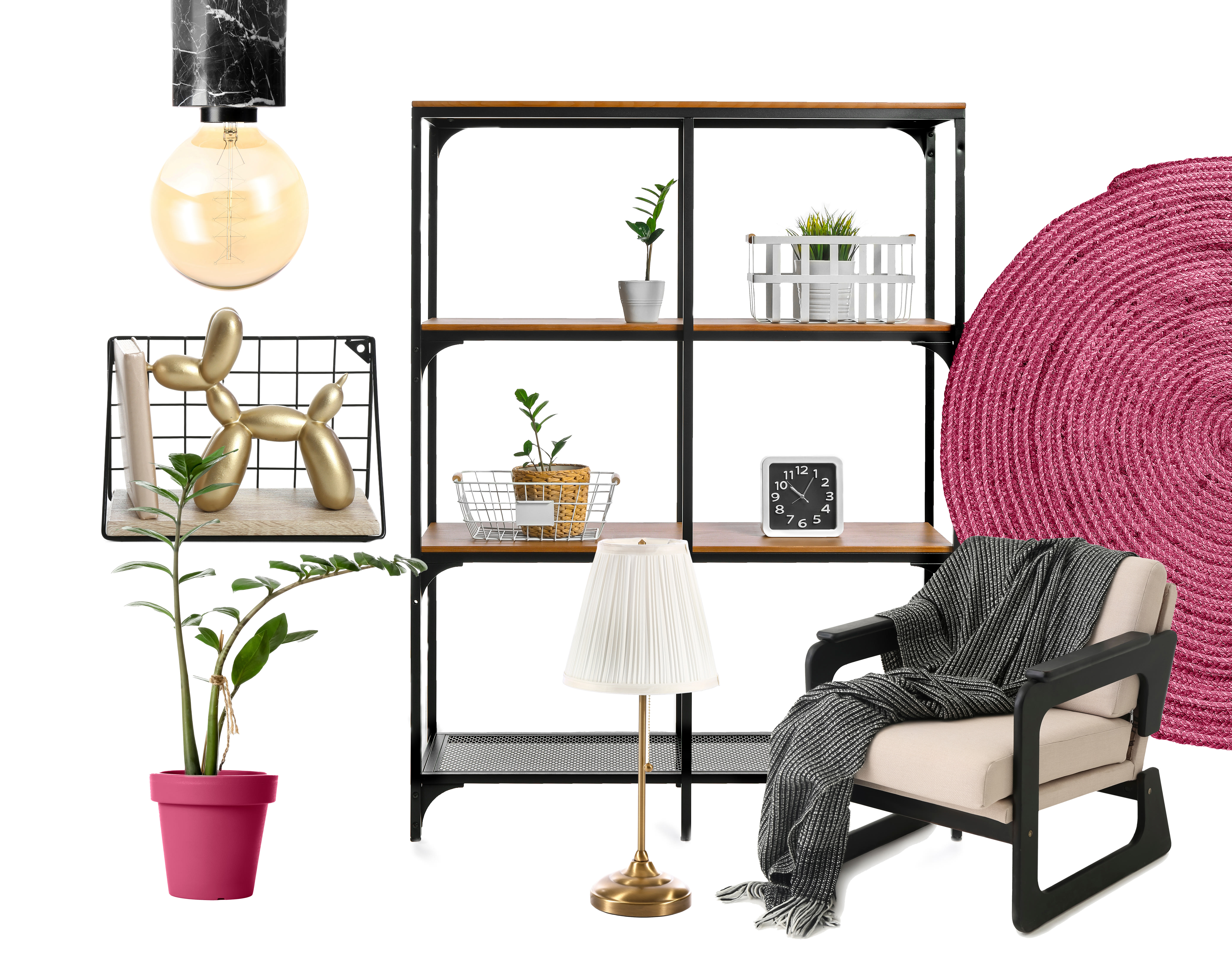 Collage de différents meubles et décorations élégantes de diverses couleurs tendances 2023-2024, sur fond blanc