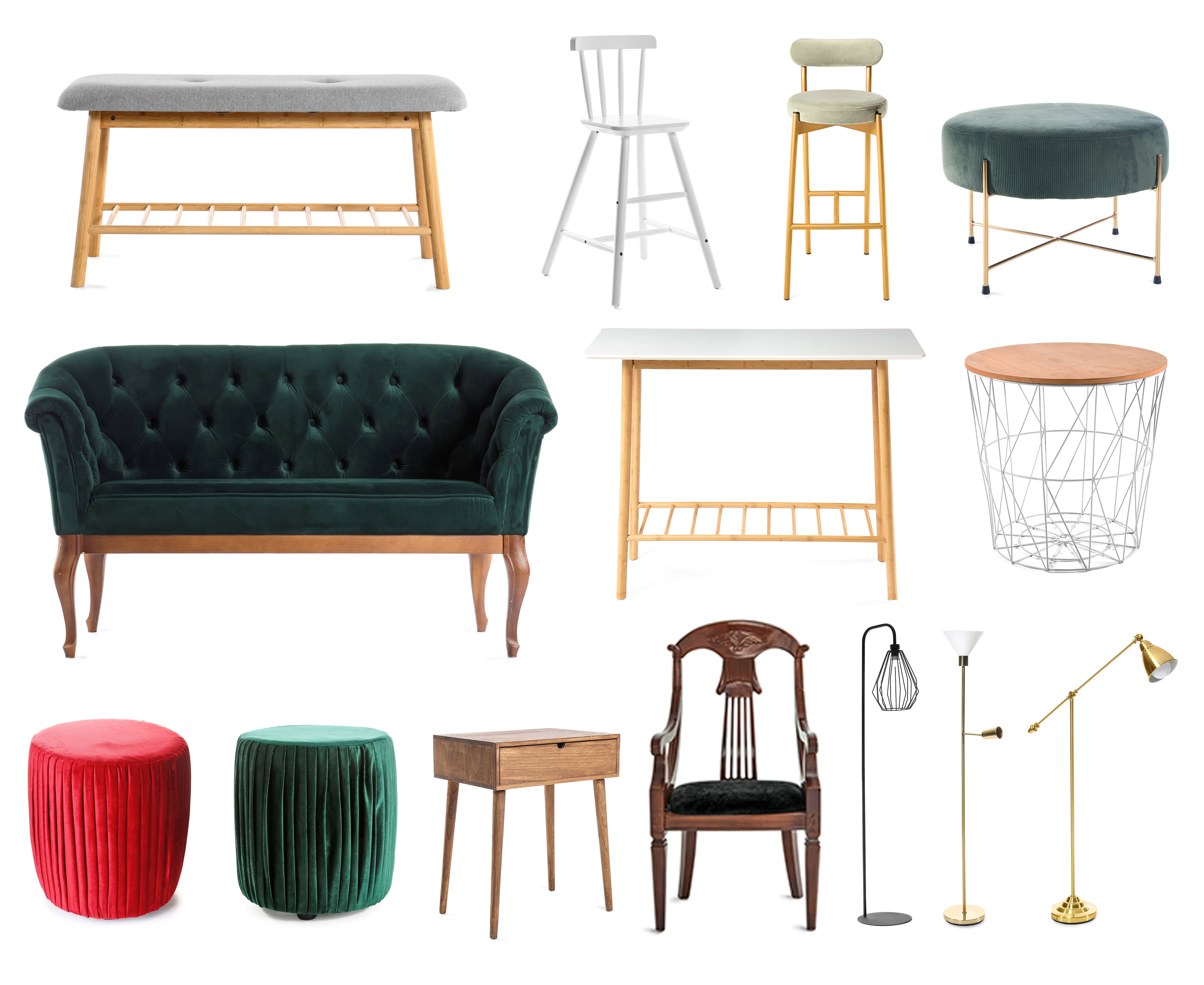 Collage de nouveaux meubles modernes et de lampes standard sur fond blanc