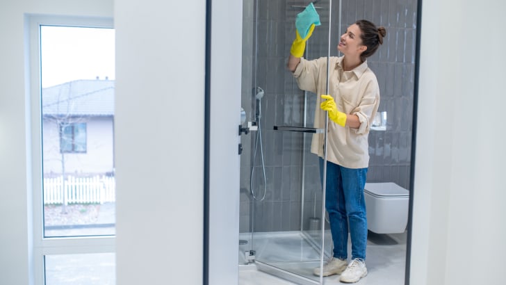 Jeune femme nettoyant une douche en verre à la maison avec un linge en microfibre