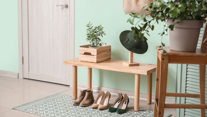 Hall d'entrée au mur vert pâle avec plantes, table basse et souliers