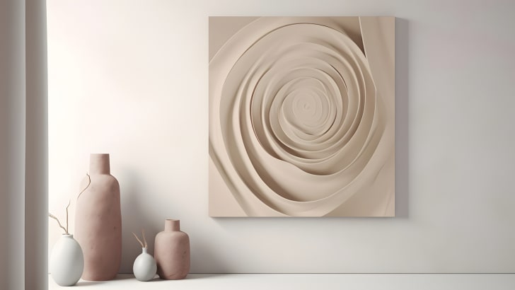 Art mural abstrait moderne de couleur gris sable sur fond blanc, vases rose et blancs posés sur une surface