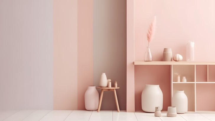 Pièce lumineuse de couleur rose pastel avec étagères en bois et vases de divers formats