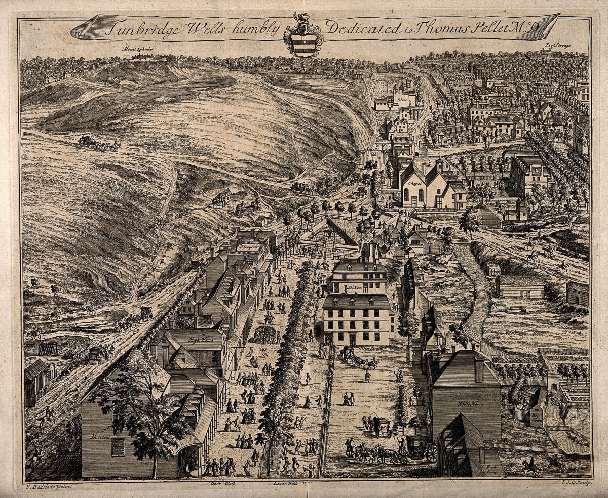 Tunbridge Wells, Kent: bird's eye view. Etching by J. Kip after J. Badslade
