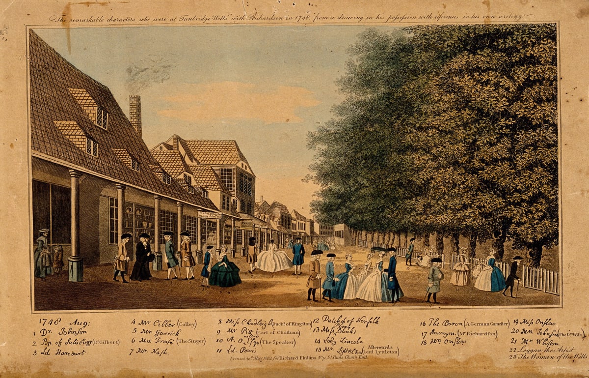 Tunbridge Wells, Kent: visitors to the wells and characters of the town in August 1748. Etching after T. Loggon, 1804